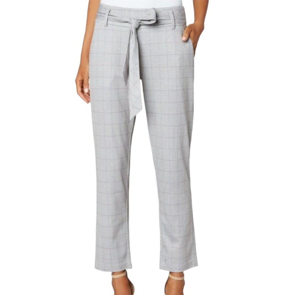 NWT Liverpool Women's trousers with Self Belt Taupe Grey Mauve Windowpane Plaid